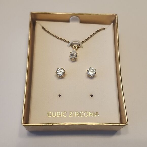 Cubic Zirconia Necklace and Earring Set Gold Tone - Picture 1 of 3